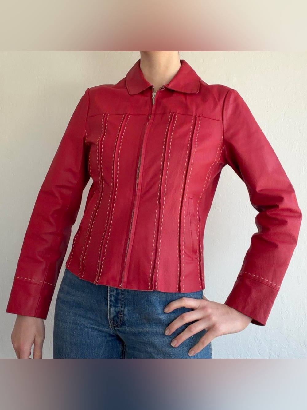 Women's Red Leather Zip-Front Jacket